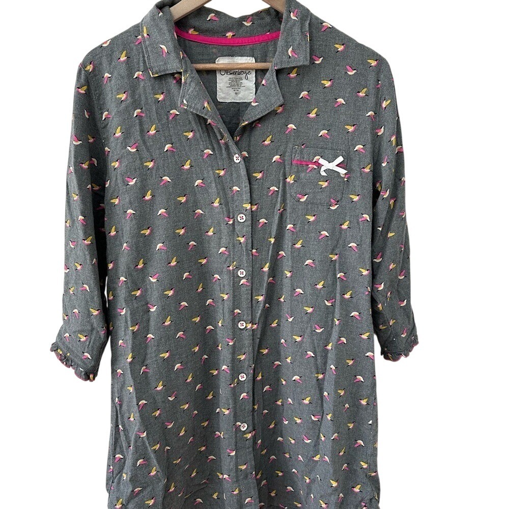 Olsenboye Nightshirt XL Gray Hummingbird Print Button Front‎ Ruffle Sleep Dress